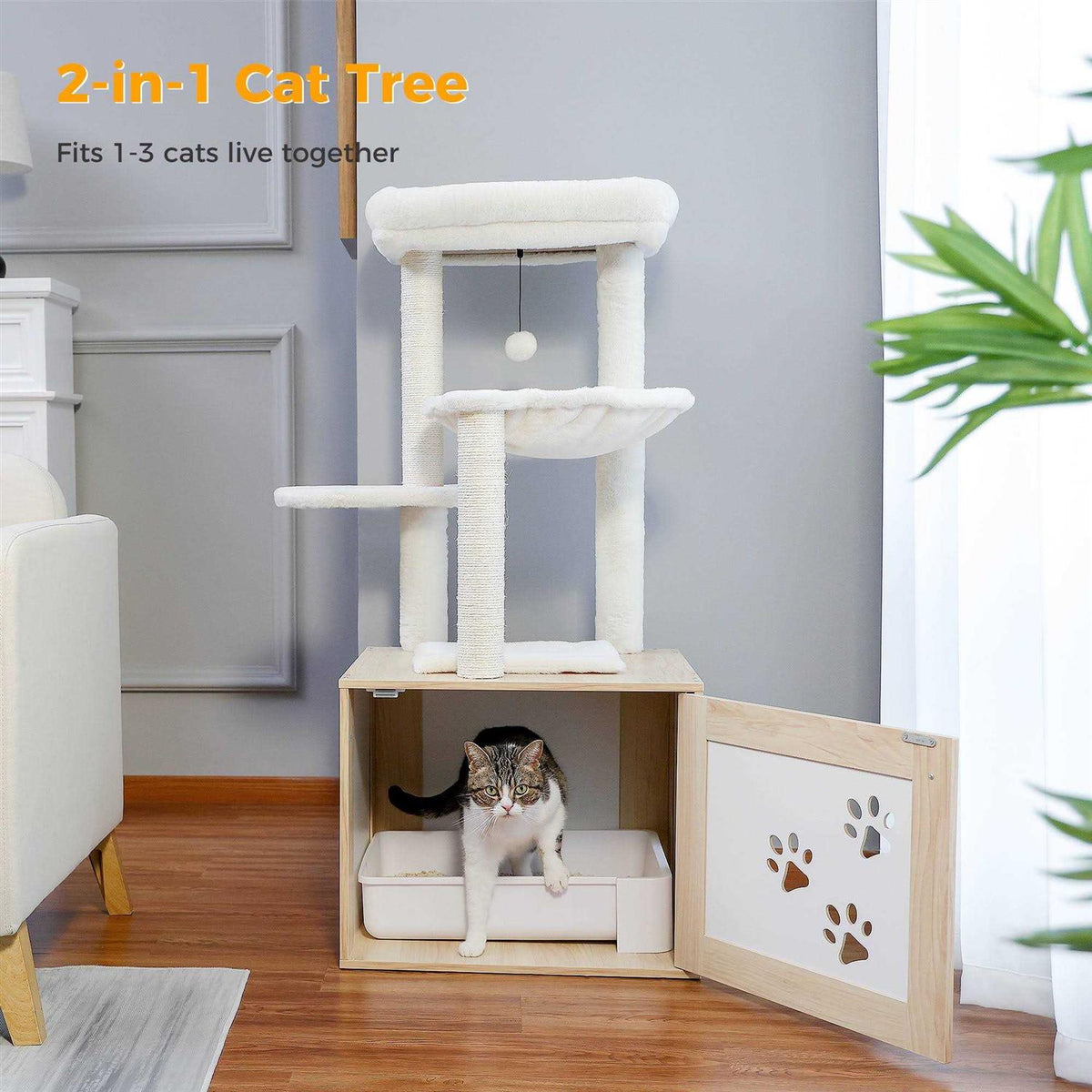 Cat Tree with Litter Box Enclosure and Scratching Posts W1322