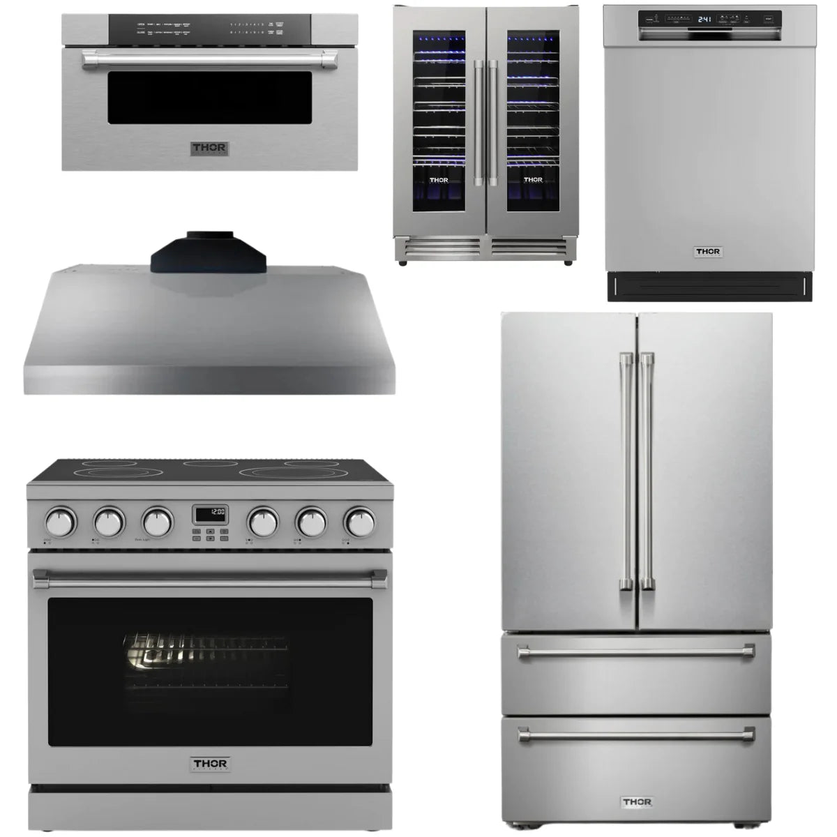 36 Electric Range, Range Hood, Refrigerator, Dishwasher, Microwave and Wine Cooler E3173