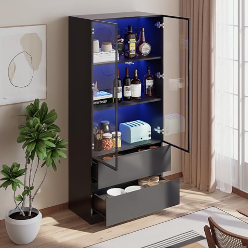 Glass Display Cabinet with LED Lights, 3-Tier Shelves and 2 Drawers I2698