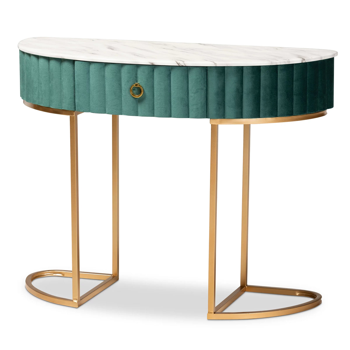 Green Velvet 1-Drawer Console Table with Faux Marble Tabletop D586374