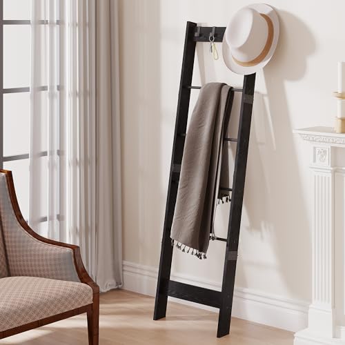 6 Tier Blanket Ladder Shelf with 4 Metal Hooks, Rustic Brown I70020