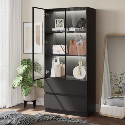 Glass Display Cabinet with LED Lights, 3-Tier Shelves and 2 Drawers I2698