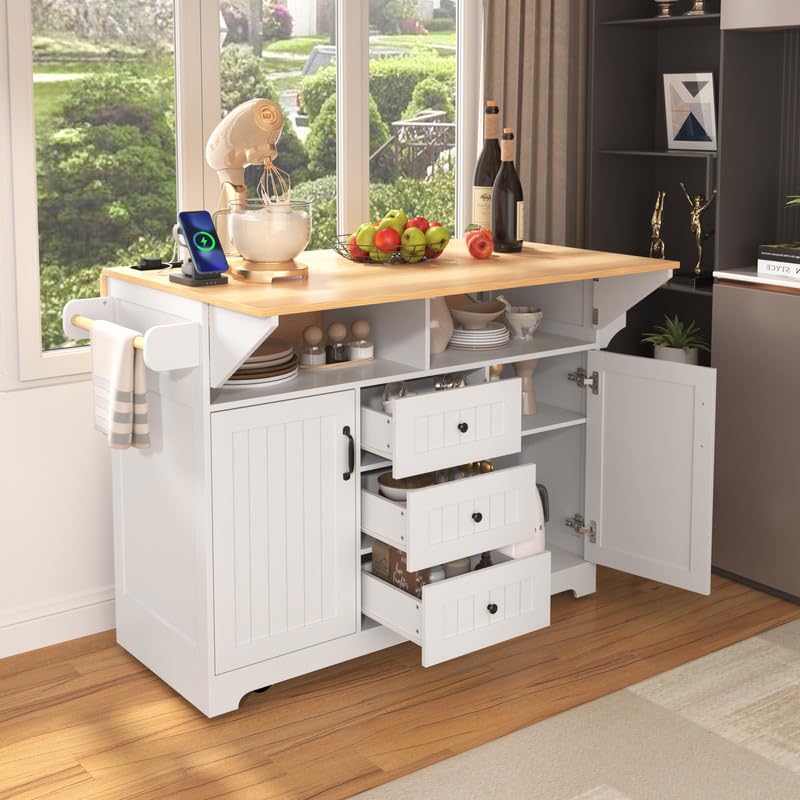 55.7'' Rolling Kitchen Island with Drop Leaf and Power Outlet Q477