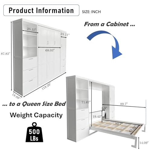 Queen White Wooden Murphy Bed with Built-in Closets, Drawers, and Shelving E1107
