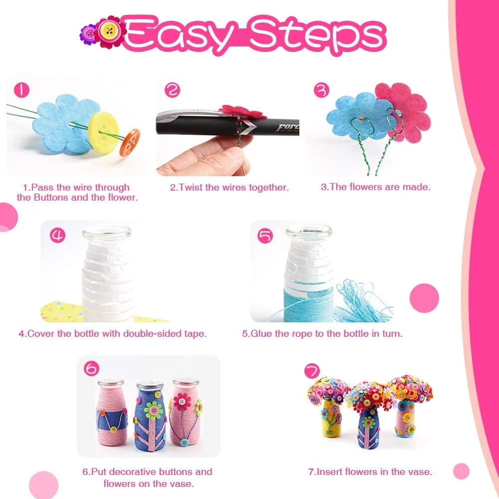 Colorful Buttons and Felt Flower Kit Vase Arts Toy Craft Project E914