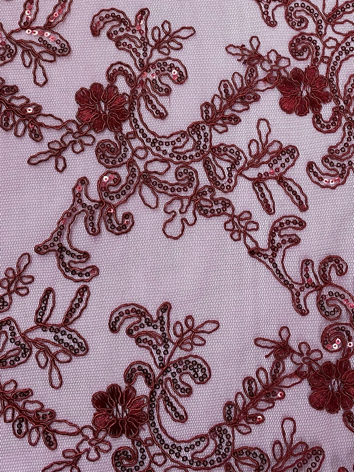 Burgundy Embroidered Lace with Sequins A182986