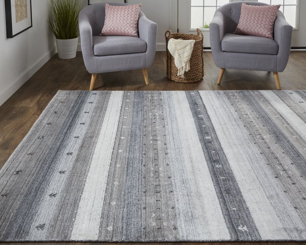 Handmade Stripes Gray Silver Black Area Rug U90090