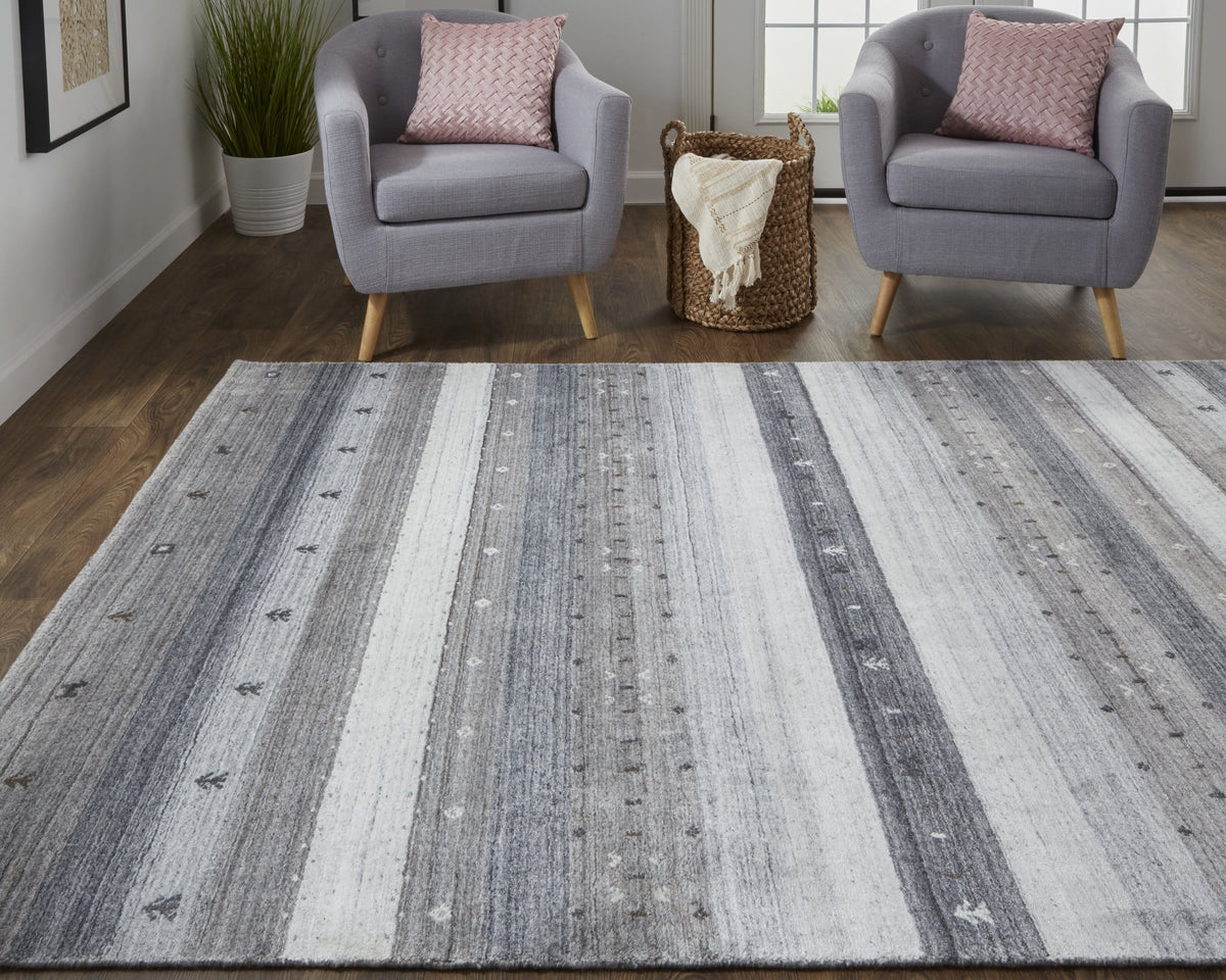 Handmade Stripes Gray Silver Black Area Rug U90090