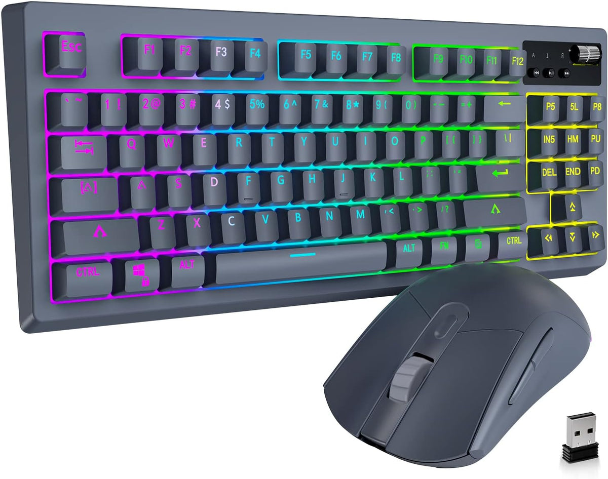 Wireless Mechanical Gaming Keyboard and Mouse, RGB Backlit Rechargeable 3600mAh, Anti-ghosting Keyboard + 7D 3200DPI Mice, Brown Switch, Silver, Pack of 2 L970
