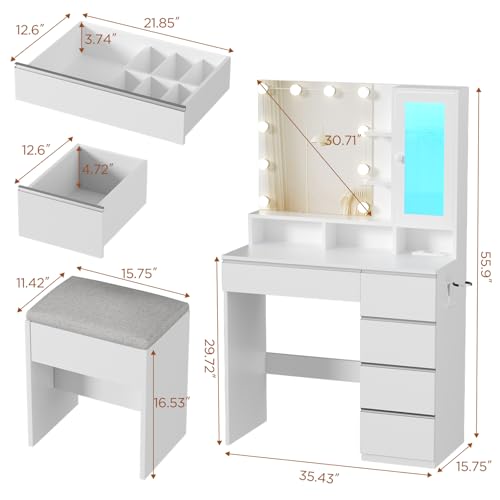 White Vanity Desk with Mirror and Lights, Stool, 5 Drawers and Open Shelves B459192