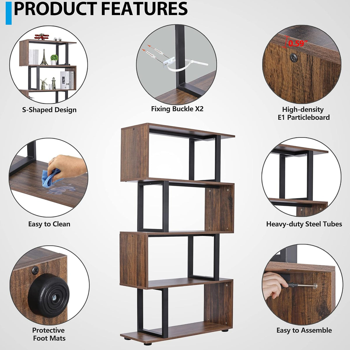 5-Tier S-Shaped Industrial Bookcase E86362