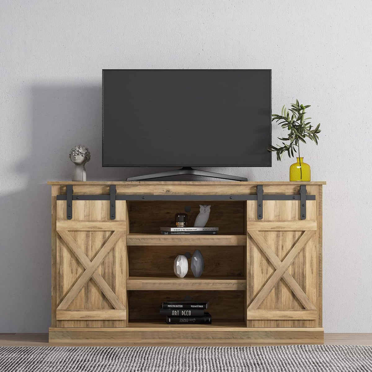 White Sliding Barn Door Wood TV Stand H54818