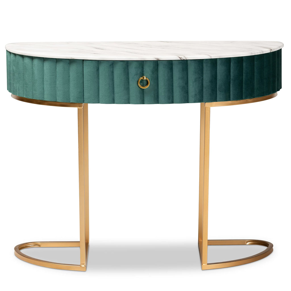Green Velvet 1-Drawer Console Table with Faux Marble Tabletop D586374