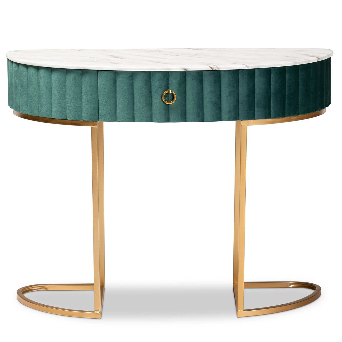 Green Velvet 1-Drawer Console Table with Faux Marble Tabletop D586374