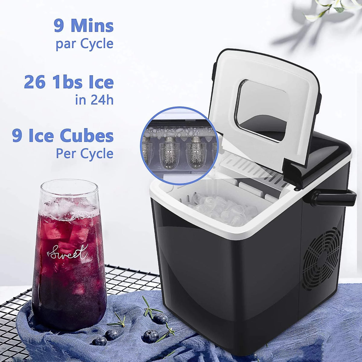 Portable Ice Maker 9 Cubes 26lbs 2 Ice Cube Sizes M2417