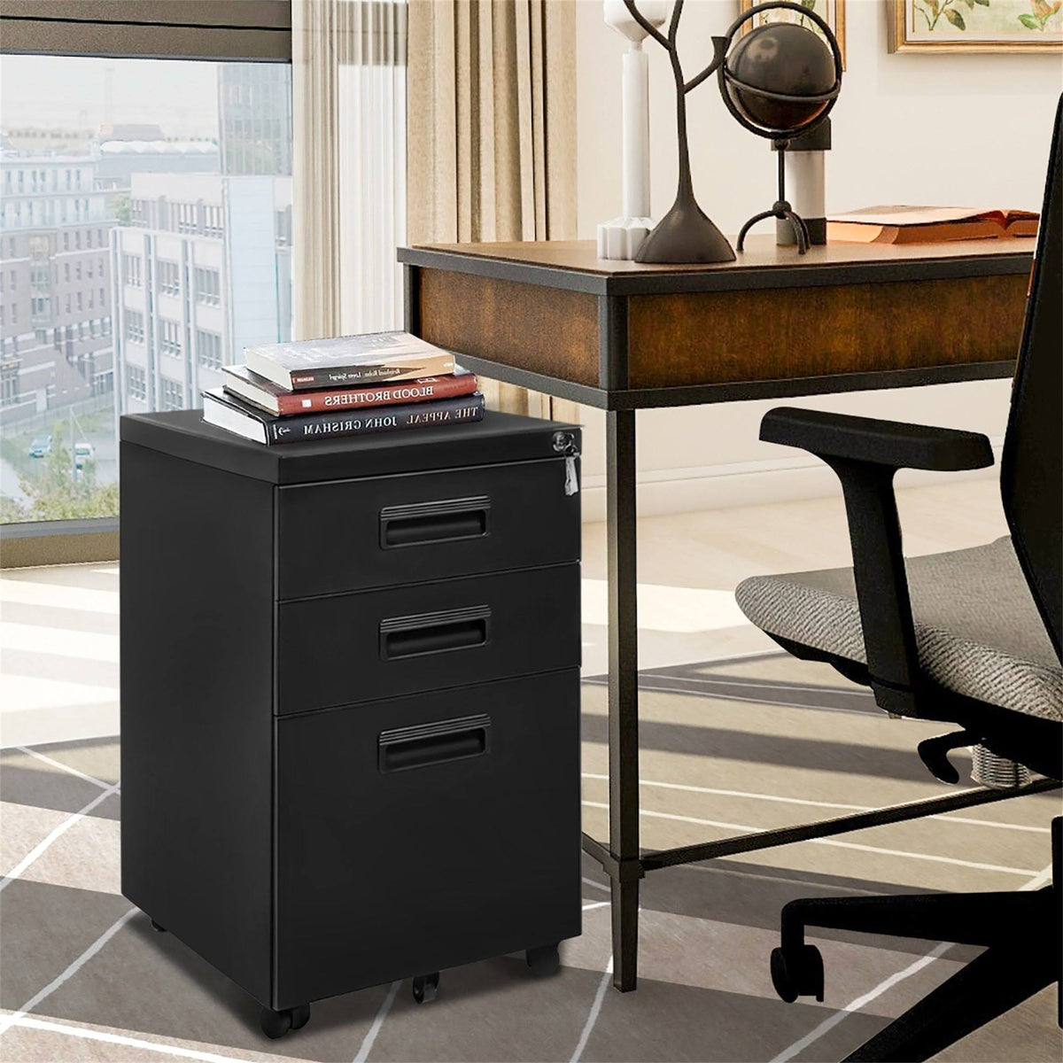 3-Drawer Black Metal File Cabinet with Keys V48798