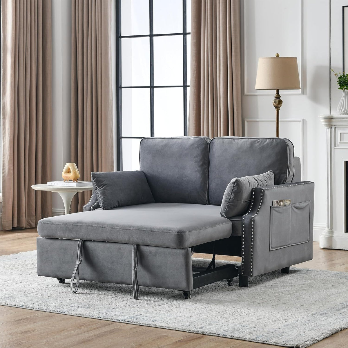 Grey Velvet Upholstered Recliner Bed with Pull-Out Sleeper Sofa Folding Loveseat Z602775