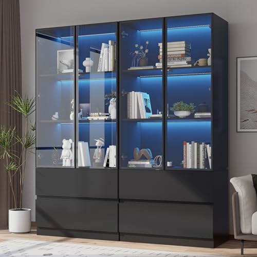 Glass Display Cabinet with LED Lights, 3-Tier Shelves and 2 Drawers I2698