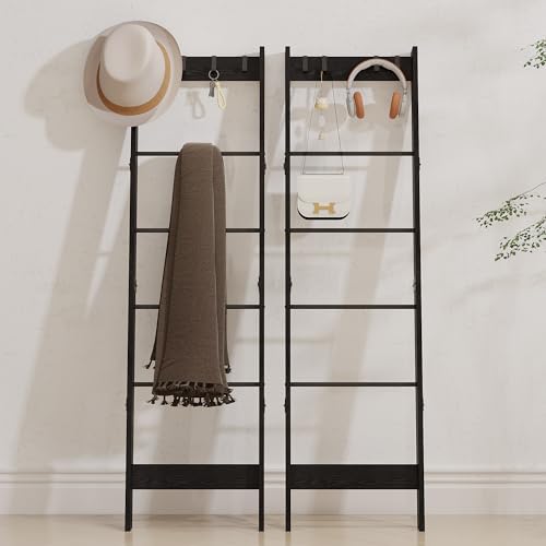 6 Tier Blanket Ladder Shelf with 4 Metal Hooks, Rustic Brown I70020