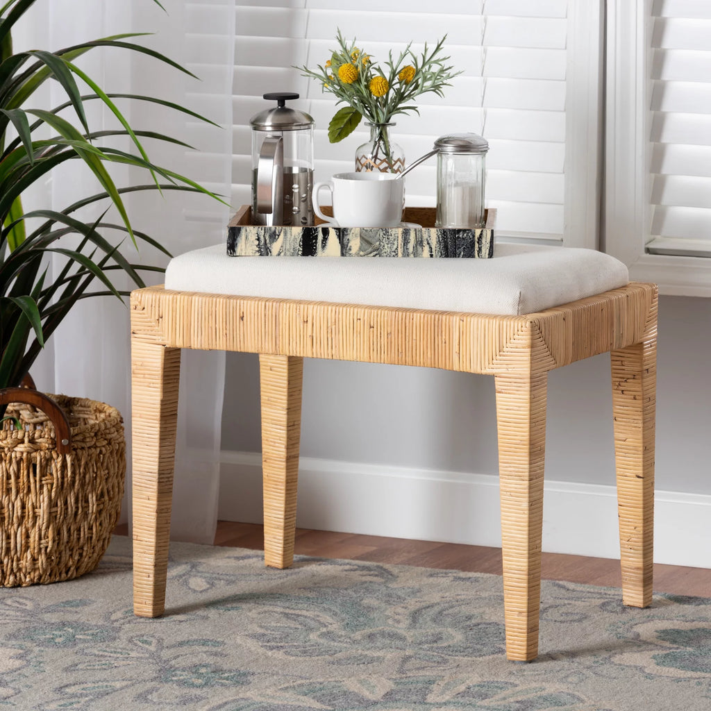 Natural Brown Rattan and Mahogany Wood Ottoman Z2986
