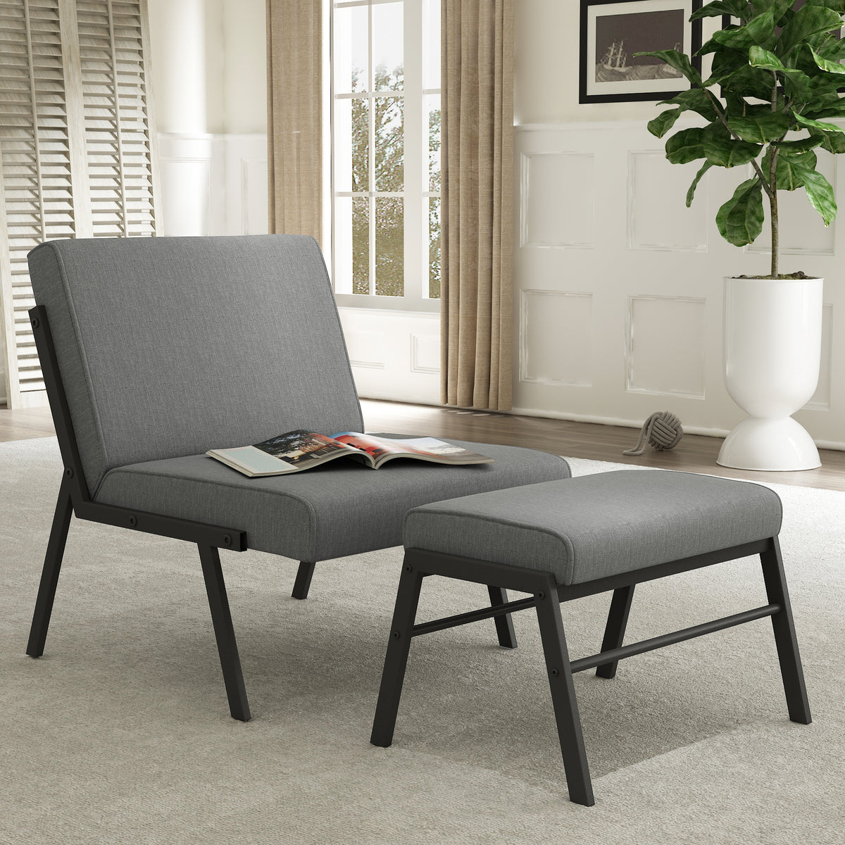 Modern Upholstered Accent Chair with Ottoman Linen Chair E3231