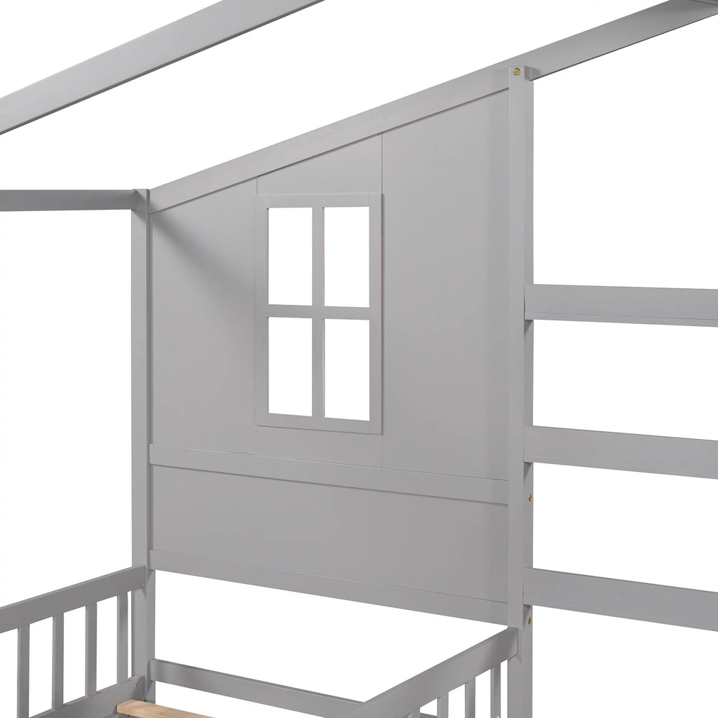 Wood L-Shape Twin Bed Frame with Roof and Fence Railings X2473