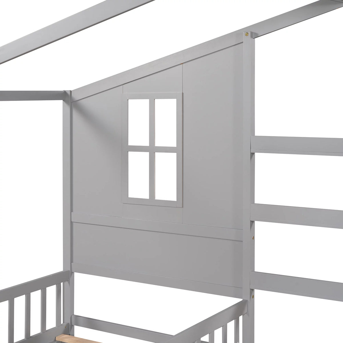 Wood L-Shape Twin Bed Frame with Roof and Fence Railings X2473