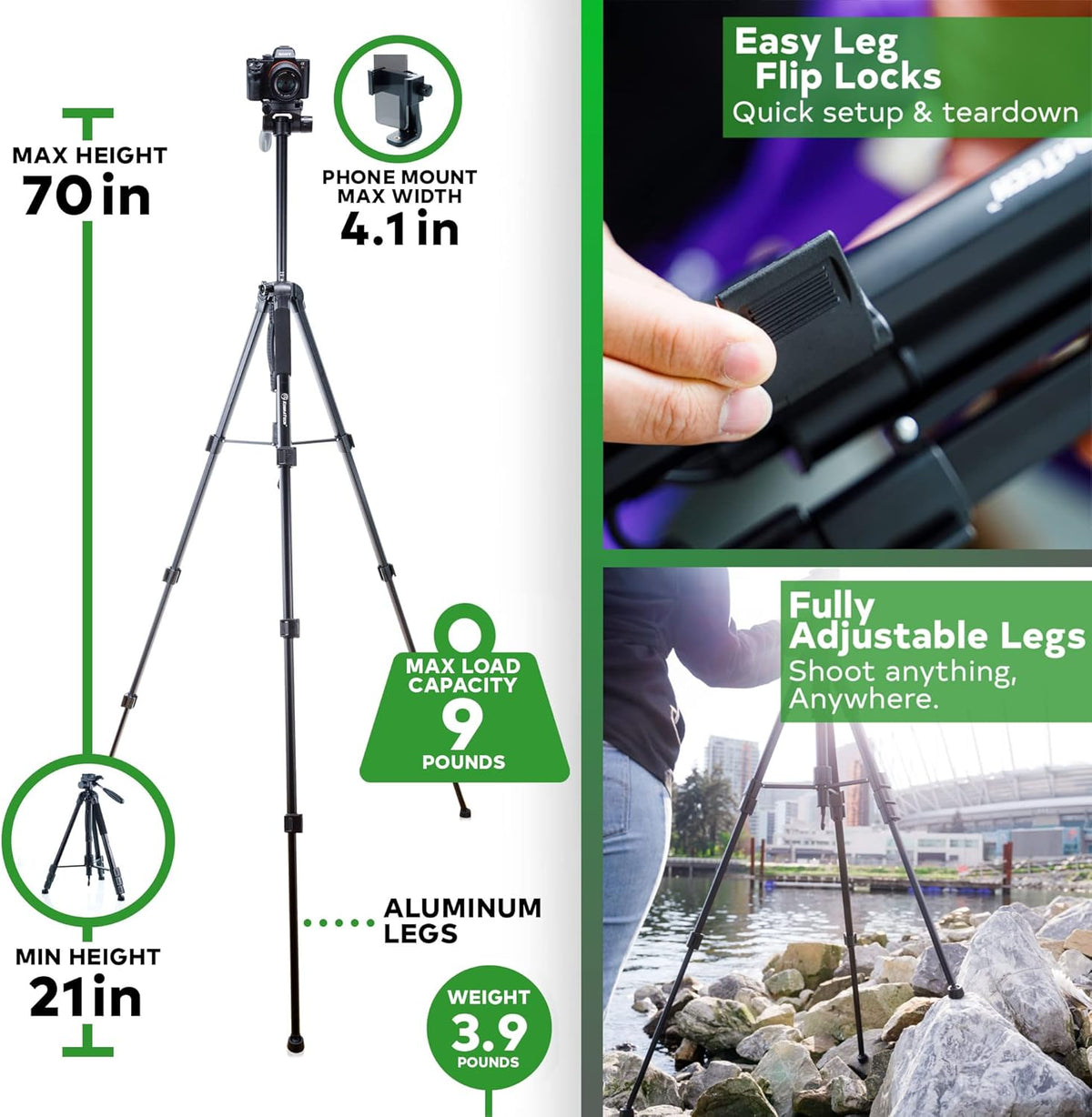 70 Tripod with Bluetooth Remote Shutter, Monopod Pack of 2 I2682