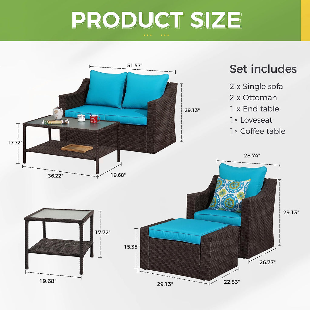 8 Pieces Black PE Wicker Patio Sectional Sofa Set with Lake Blue Cushion V3294