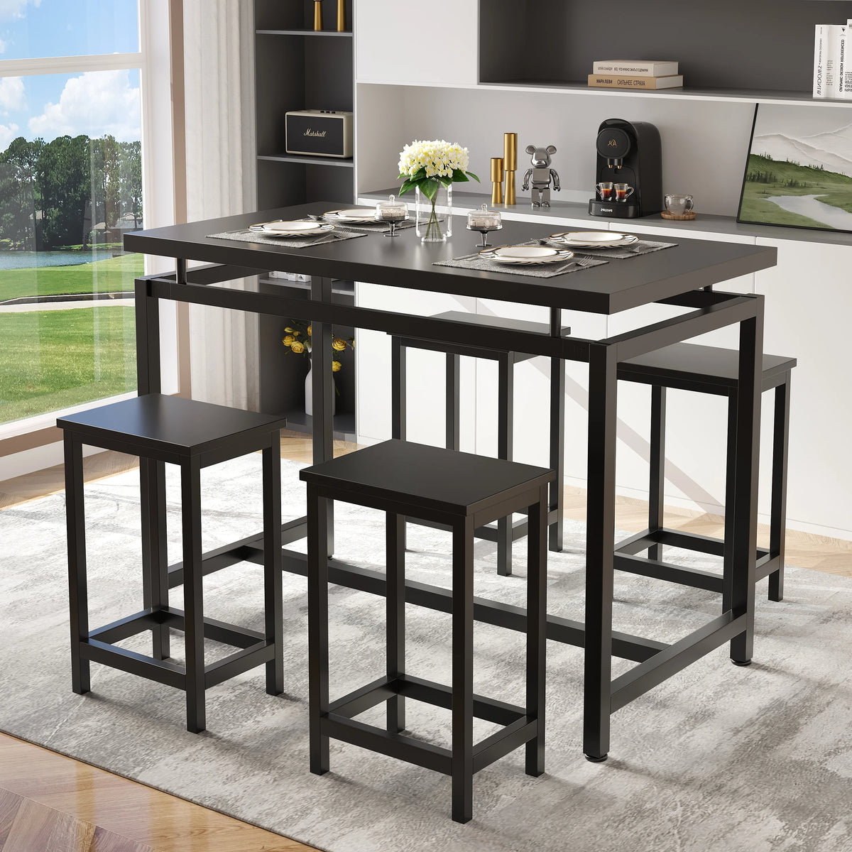 5 Piece Counter Height Dining Table Set with 4 Faux Leather Stools E348