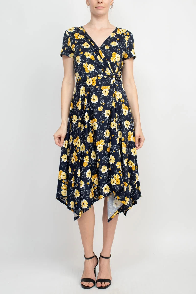 V-Neck Short Sleeve Floral Print ITY Dress E394