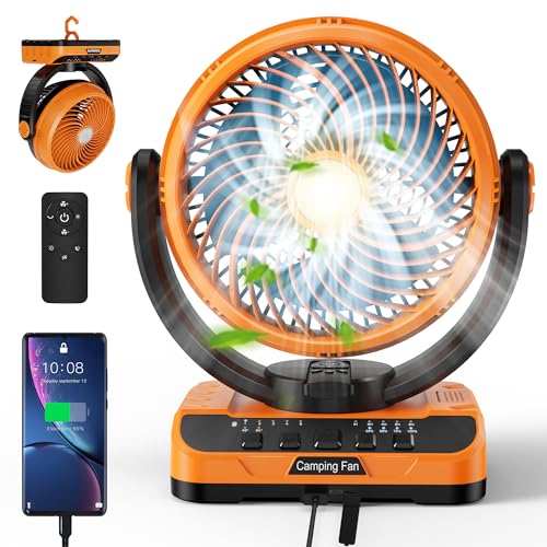 Camping Fan with LED Lantern, 8000mAh Rechargeable Battery Powered Tent Fan with Remote, 4 Speed B510840