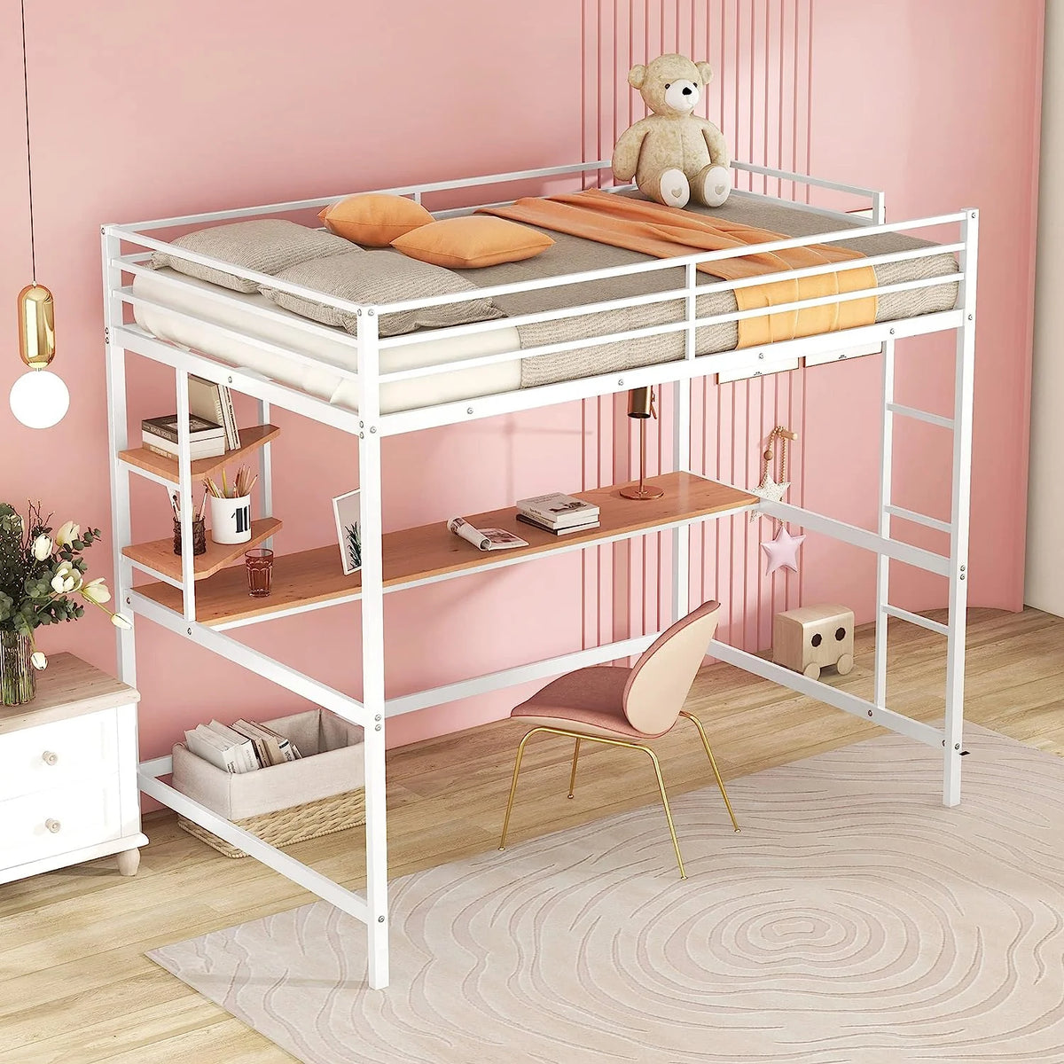 Full Size White Metal Loft Bed with Long Desk and Shelves X399353