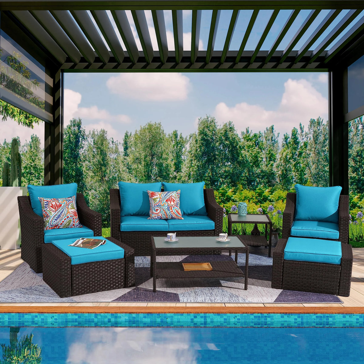 8 Pieces Black PE Wicker Patio Sectional Sofa Set with Lake Blue Cushion V3294