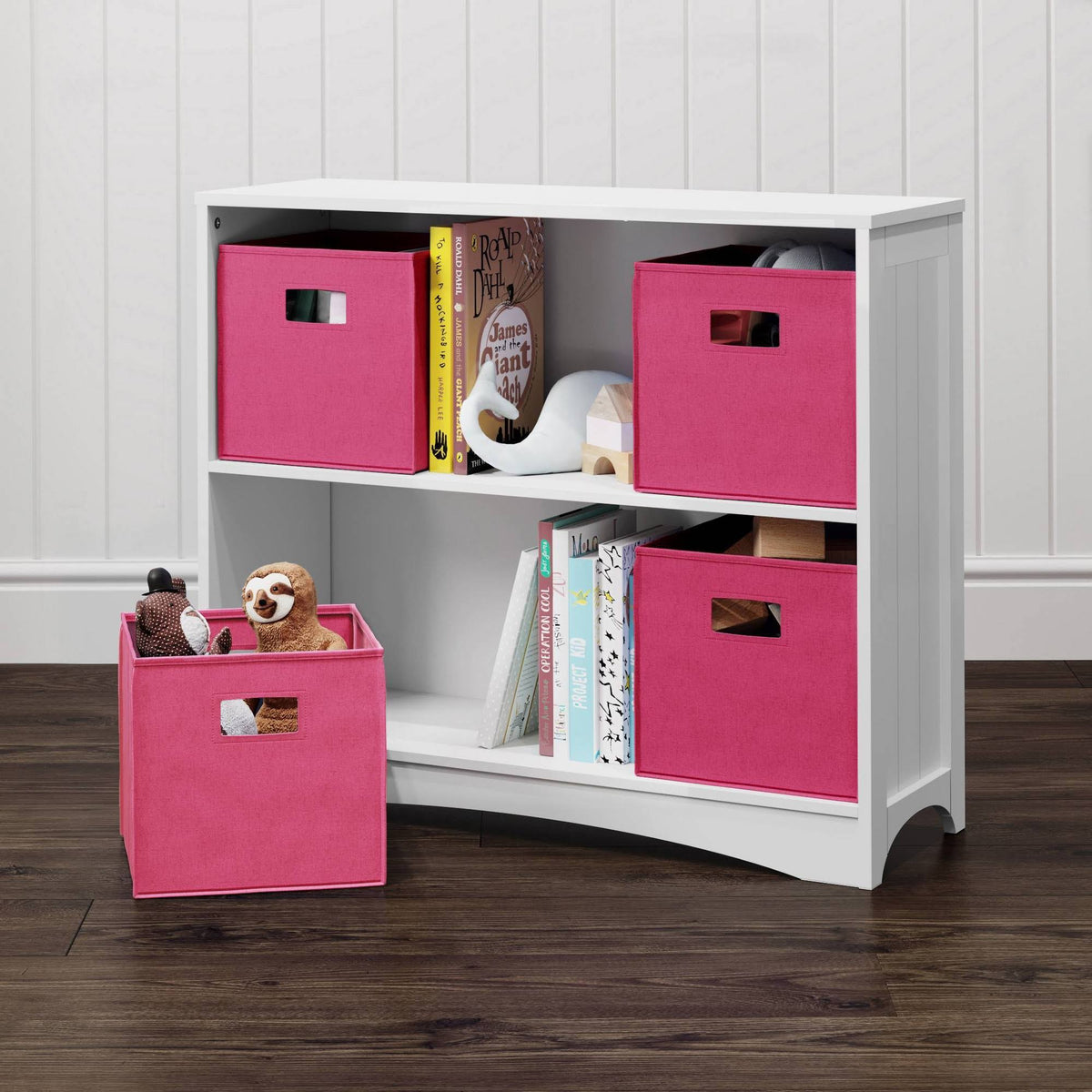 5pc Kids Bookcase Set with 4 Bins White Hot Pink J76913