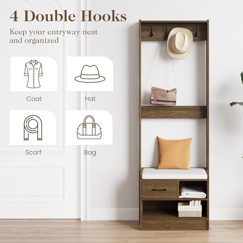 White Wood Hall Tree with Bench and Coat Rack W870