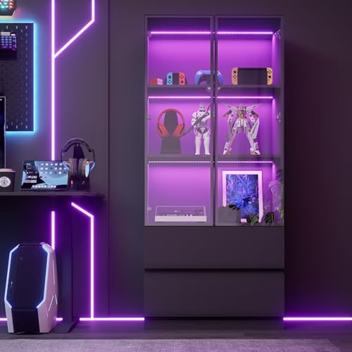 Glass Display Cabinet with LED Lights, 3-Tier Shelves and 2 Drawers I2698