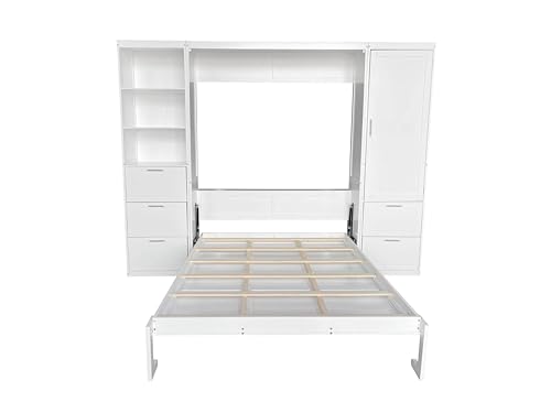 Queen White Wooden Murphy Bed with Built-in Closets, Drawers, and Shelving E1107