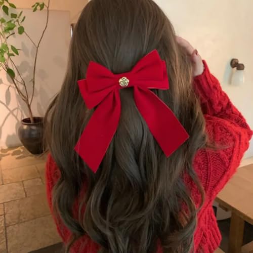 Velvet Hair Bow Clip with Metal Rose Accent, Pack of 2, Red Y2065