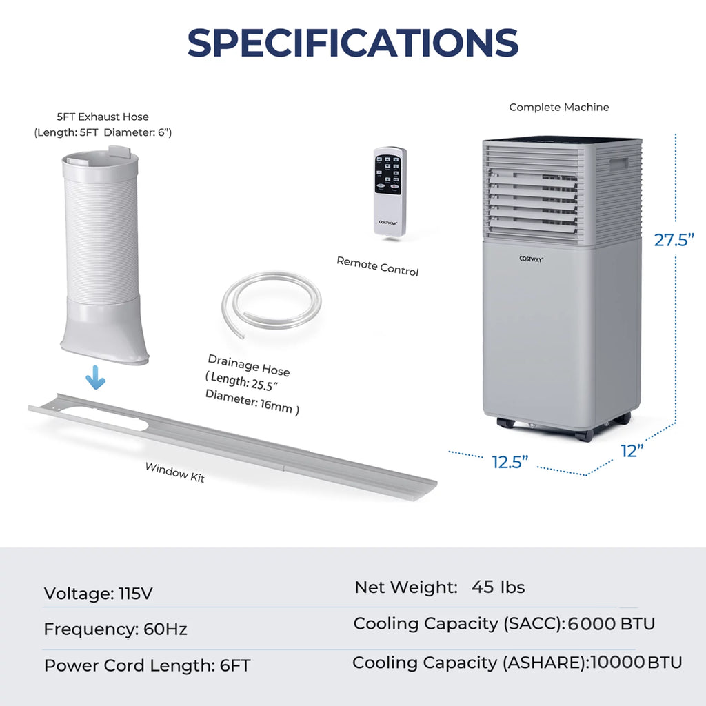 6000 BTU 3-in-1 Portable Air Conditioner with Dehumidifier & Fan Gray T3932