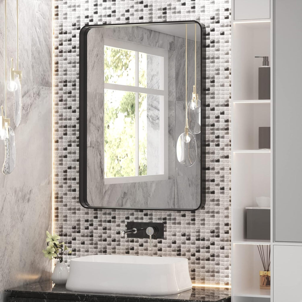 Black Framed Bathroom Mirror 24x36 Inch Matte Metal Frame Rectangle Mirror D51253