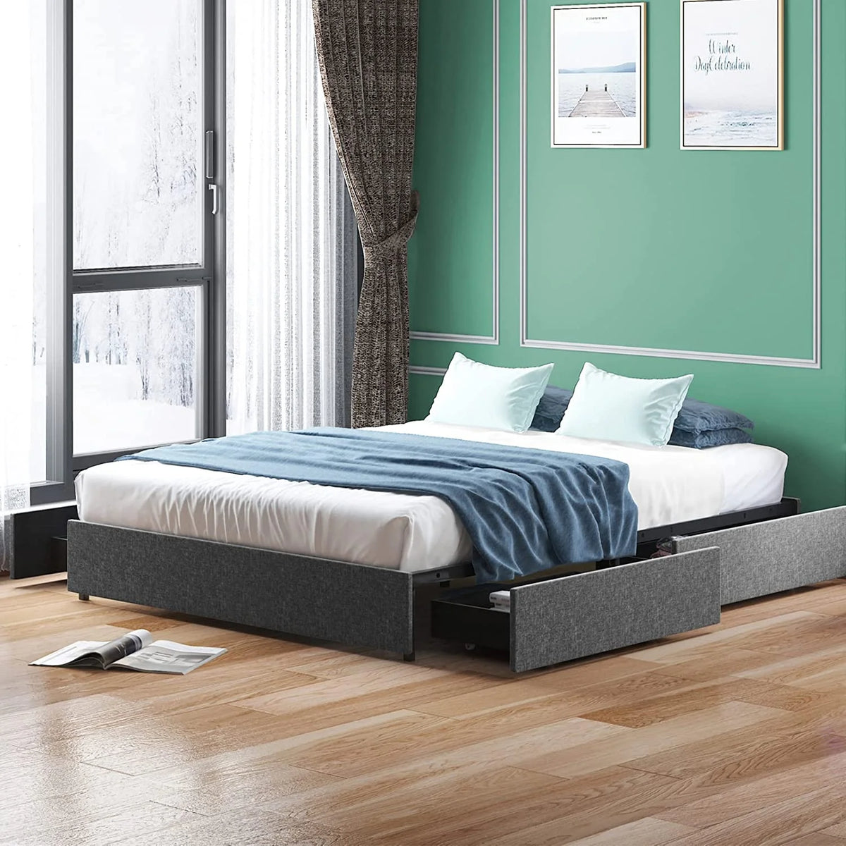 Cal King Size Storage Drawer Platform Bed Frame Dark Grey K379119