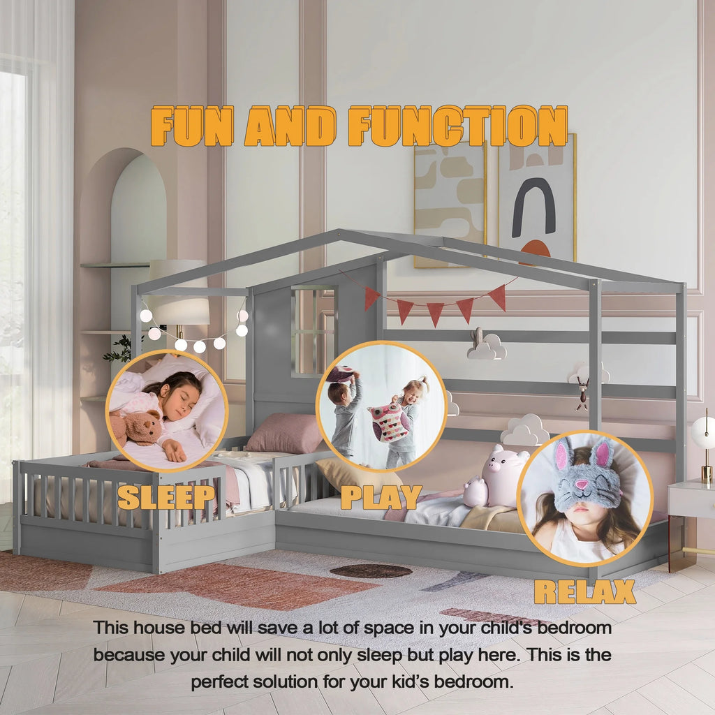 Wood L-Shape Twin Bed Frame with Roof and Fence Railings X2473