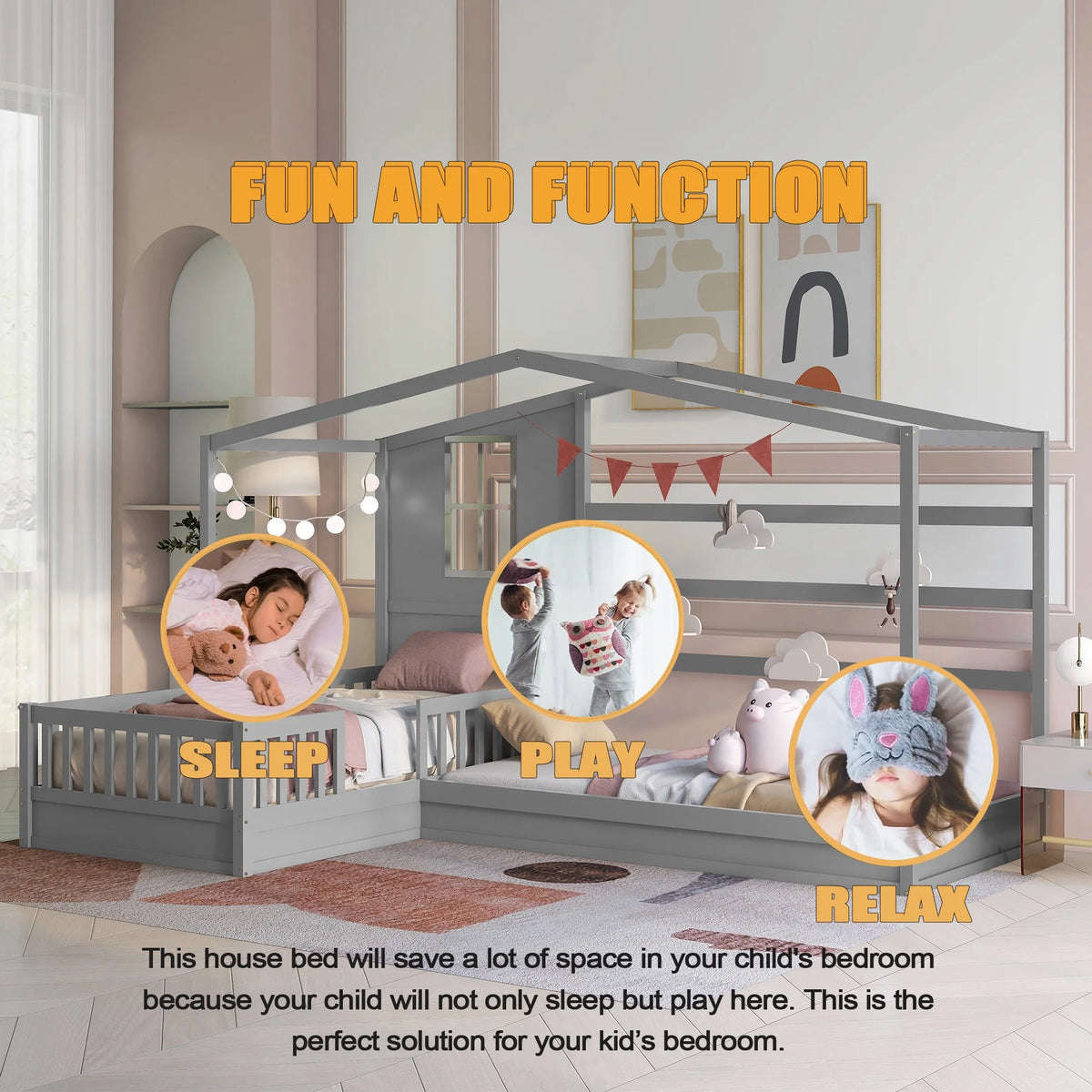 Wood L-Shape Twin Bed Frame with Roof and Fence Railings X2473