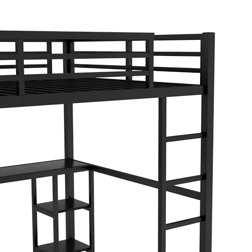 Queen Size Metal Loft Bed with Wardrobe and L-Shaped Desk Y846
