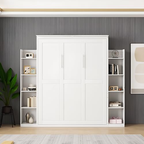 Queen White Wooden Murphy Bed with Built-in Closets, Drawers, and Shelving E1107