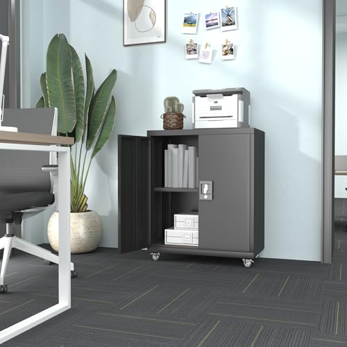 Metal Storage Cabinet with Locking Doors and Wheels, Black+Grey A83591