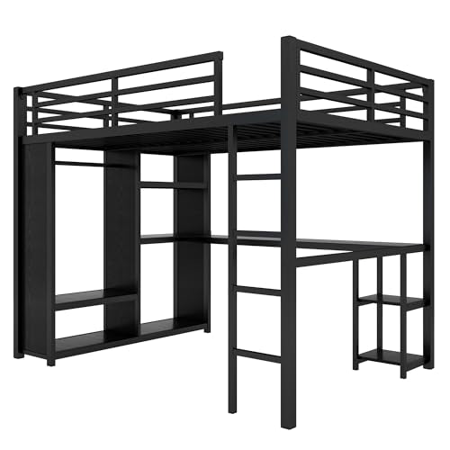 Queen Size Metal Loft Bed with Wardrobe and L-Shaped Desk Y846