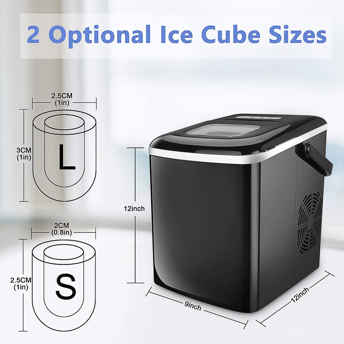Portable Ice Maker 9 Cubes 26lbs 2 Ice Cube Sizes M2417