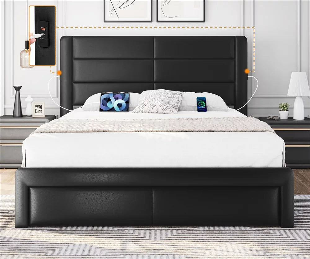 Queen Upholstered Leather Bed Frame with 3 Storage Drawers and USB Ports, Black N393